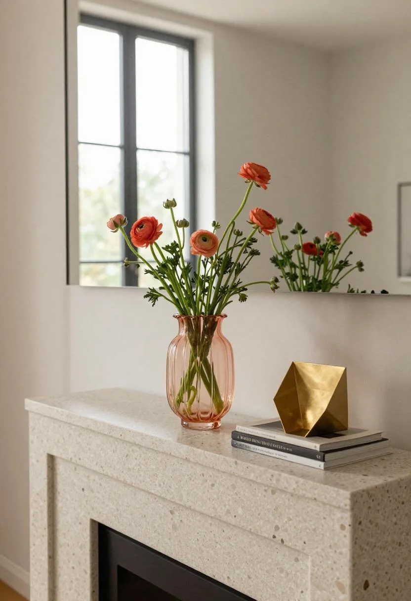 Neo Deco spring mantel with peach fluted vase filled with ranunculus blooms alongside a geometric brass bookend sculpture