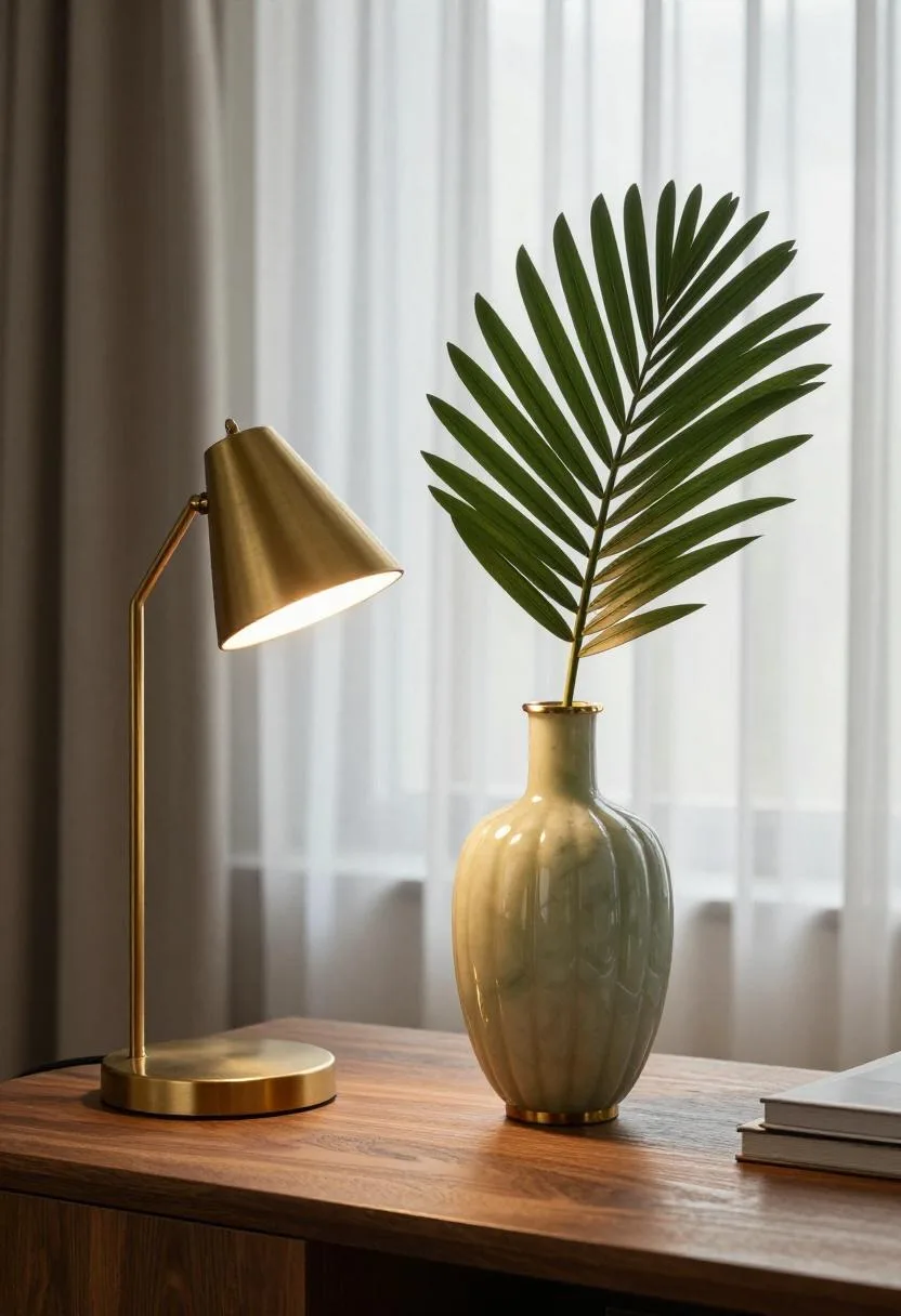 Neo Deco home study with a single large tropical palm leaf in a jade fluted vase with brass rim on an ebonized wooden desk