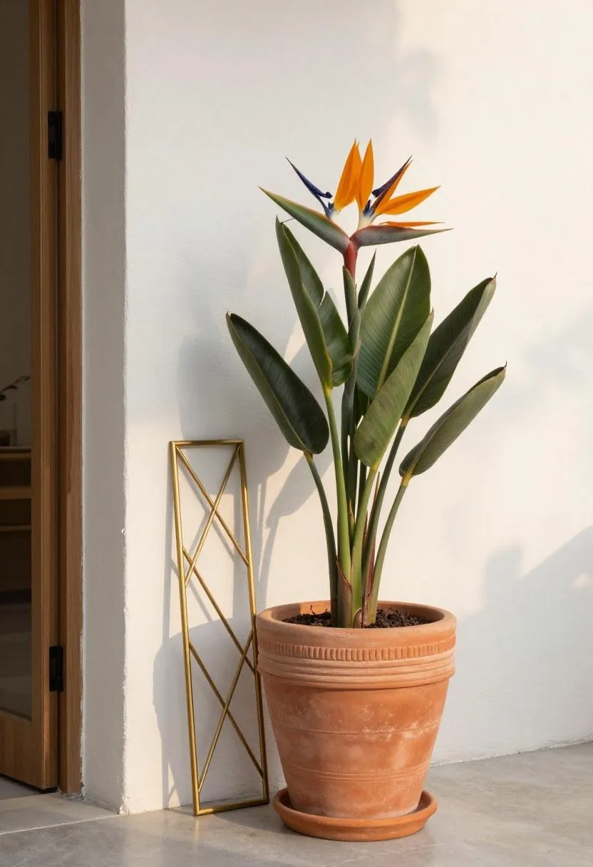 Neo Deco fluted terracotta column planter with a Bird of Paradise and brass trellis panel against a white garden wall