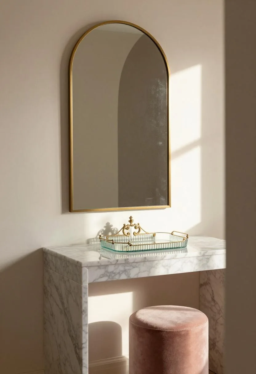 Neo Deco bedroom vanity with brass arched mirror, fluted glass tray, and blush velvet stool