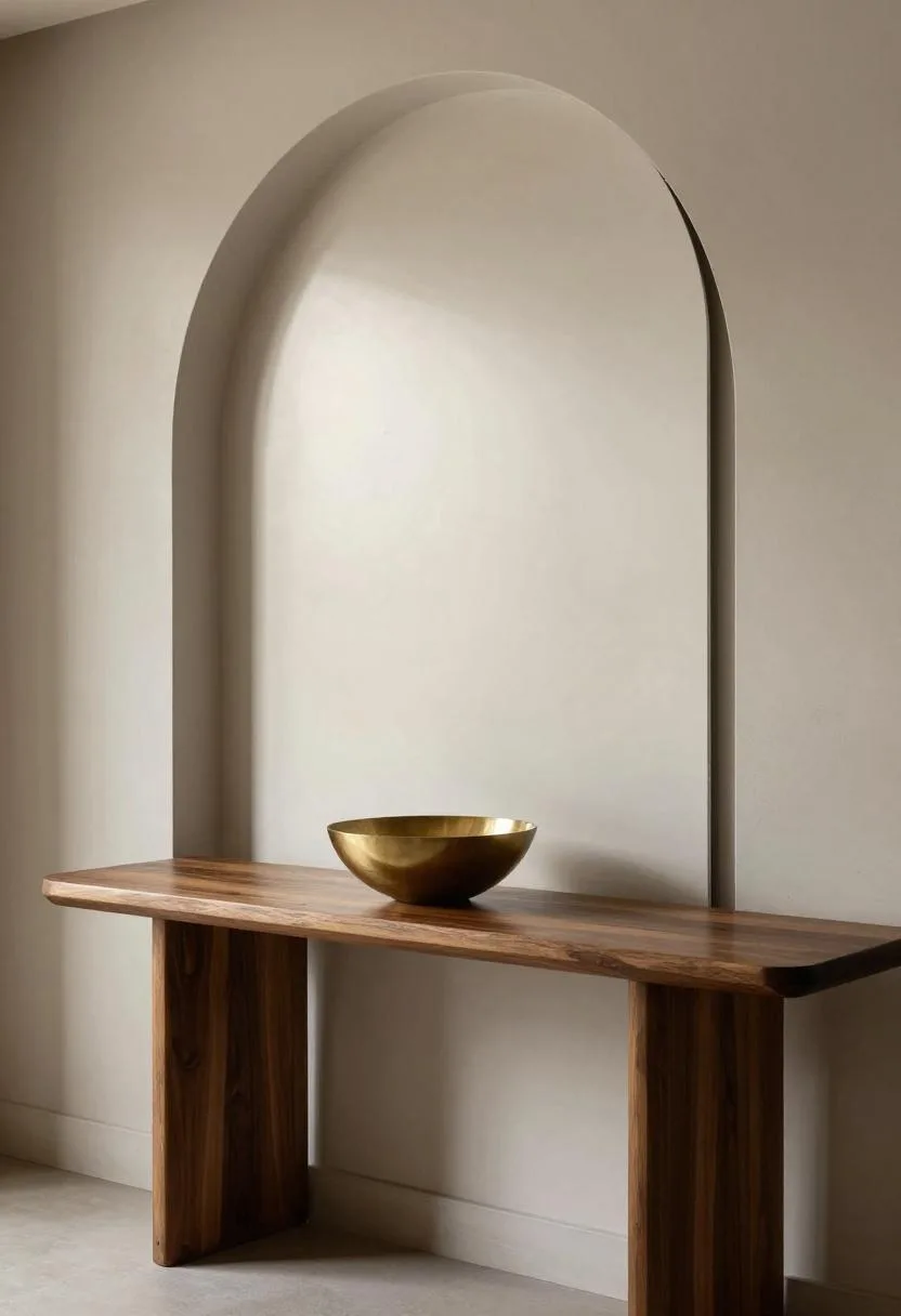 Thrifted walnut console refinished in deep chocolate lacquer with a brass geometric bowl in a Neo Deco entryway