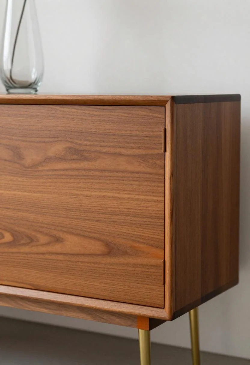 Thrifted walnut credenza upgraded with brass hairpin legs and a burnt orange lacquer finish in a Neo Deco setting