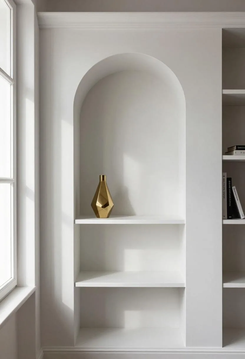 Interior design - neo deco white built in bookshelf arched doorway brass vase