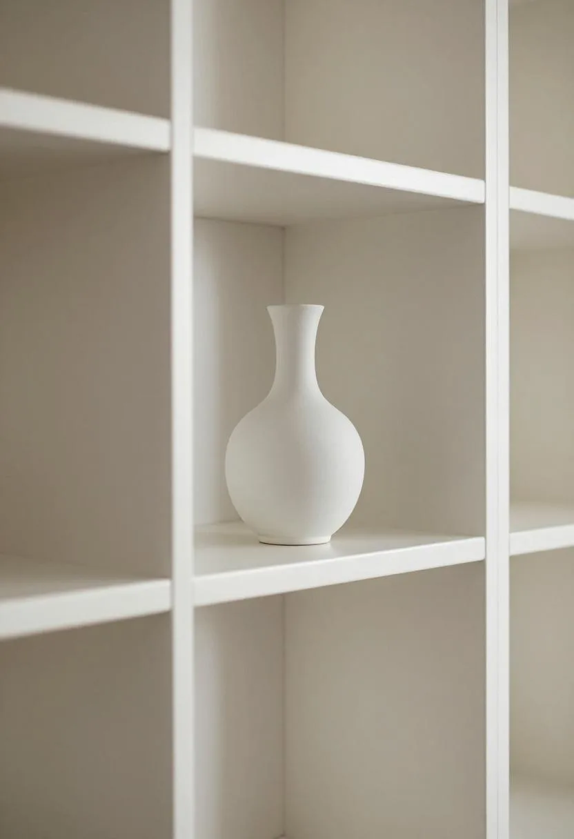 Neo Deco white built-in bookshelf with fluted plaster back panels and ceramic vase