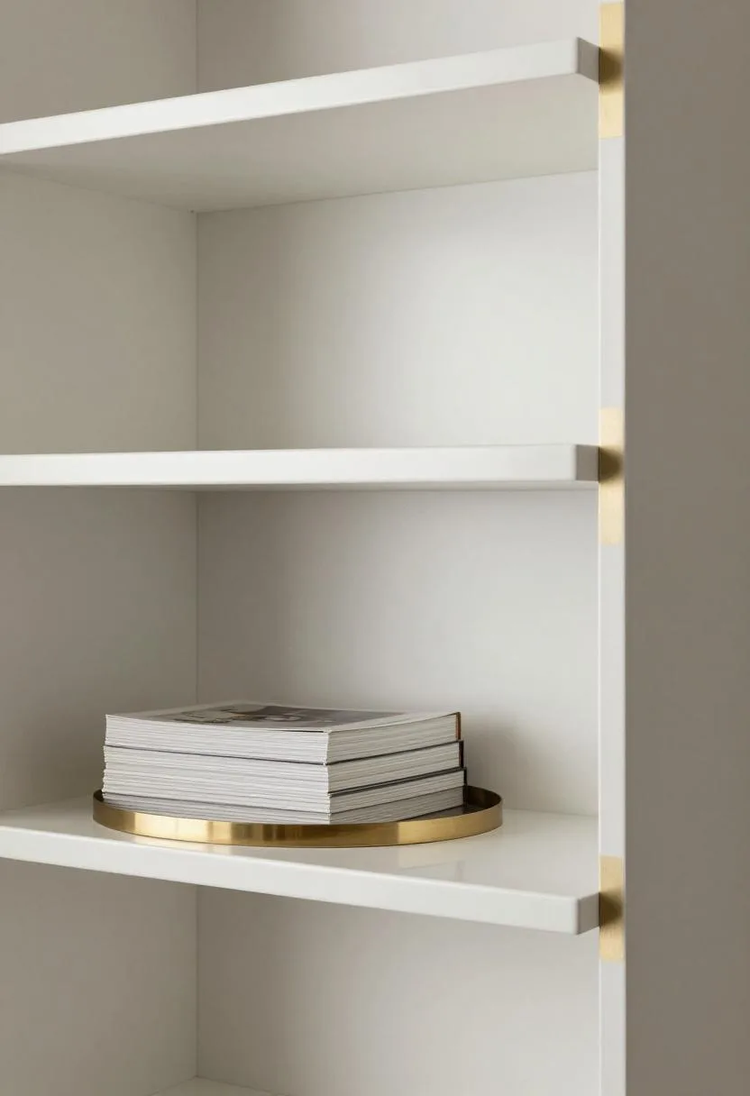 Neo Deco white lacquered built-in bookshelf with brass trim and art book styling