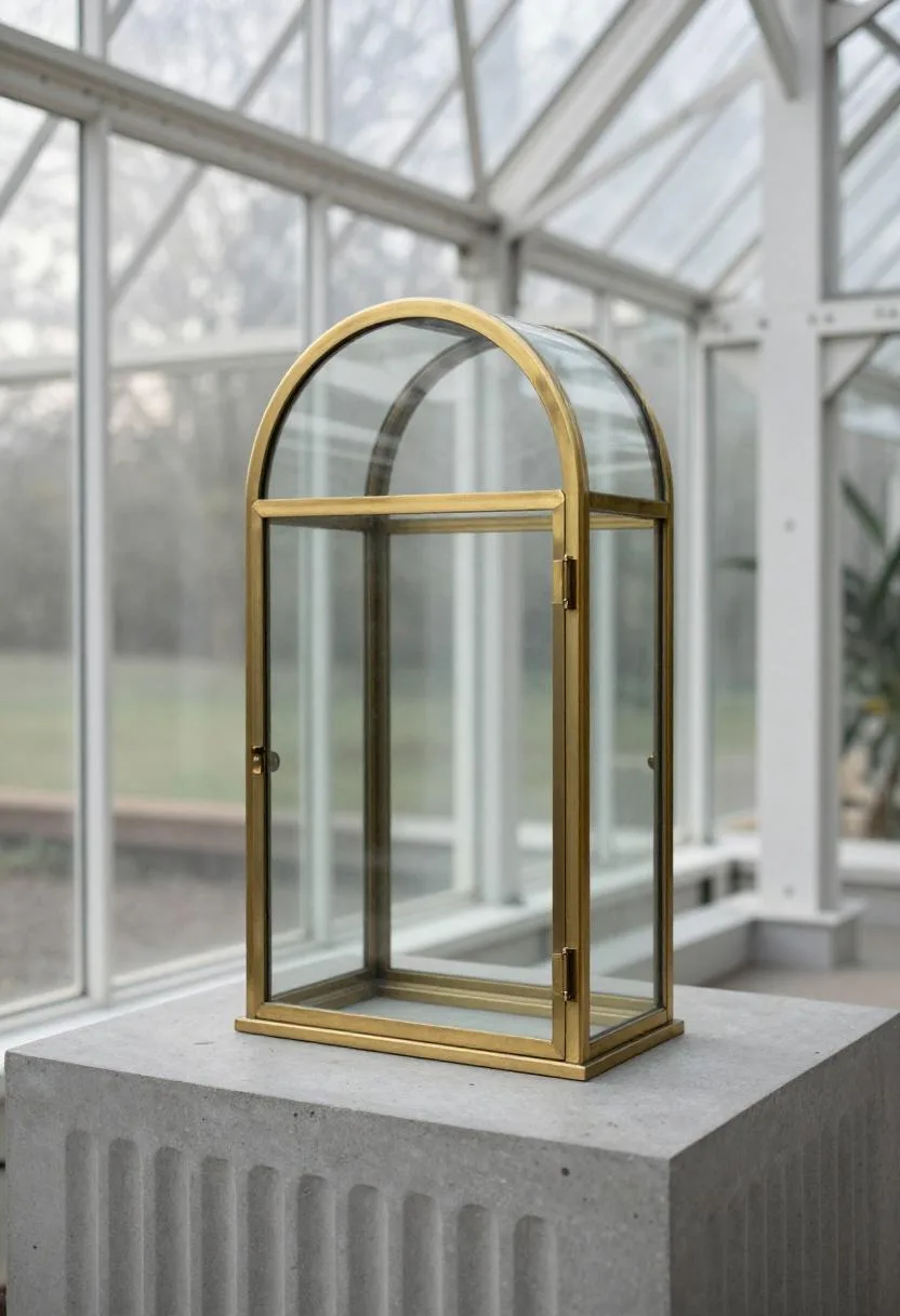 Neo Deco white steel greenhouse with a brass-framed terrarium on a fluted concrete pedestal