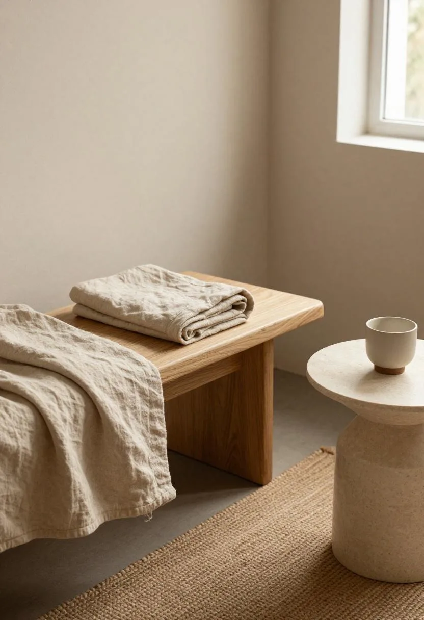Oak bench with a beige linen throw beside a travertine side table holding a ceramic cup