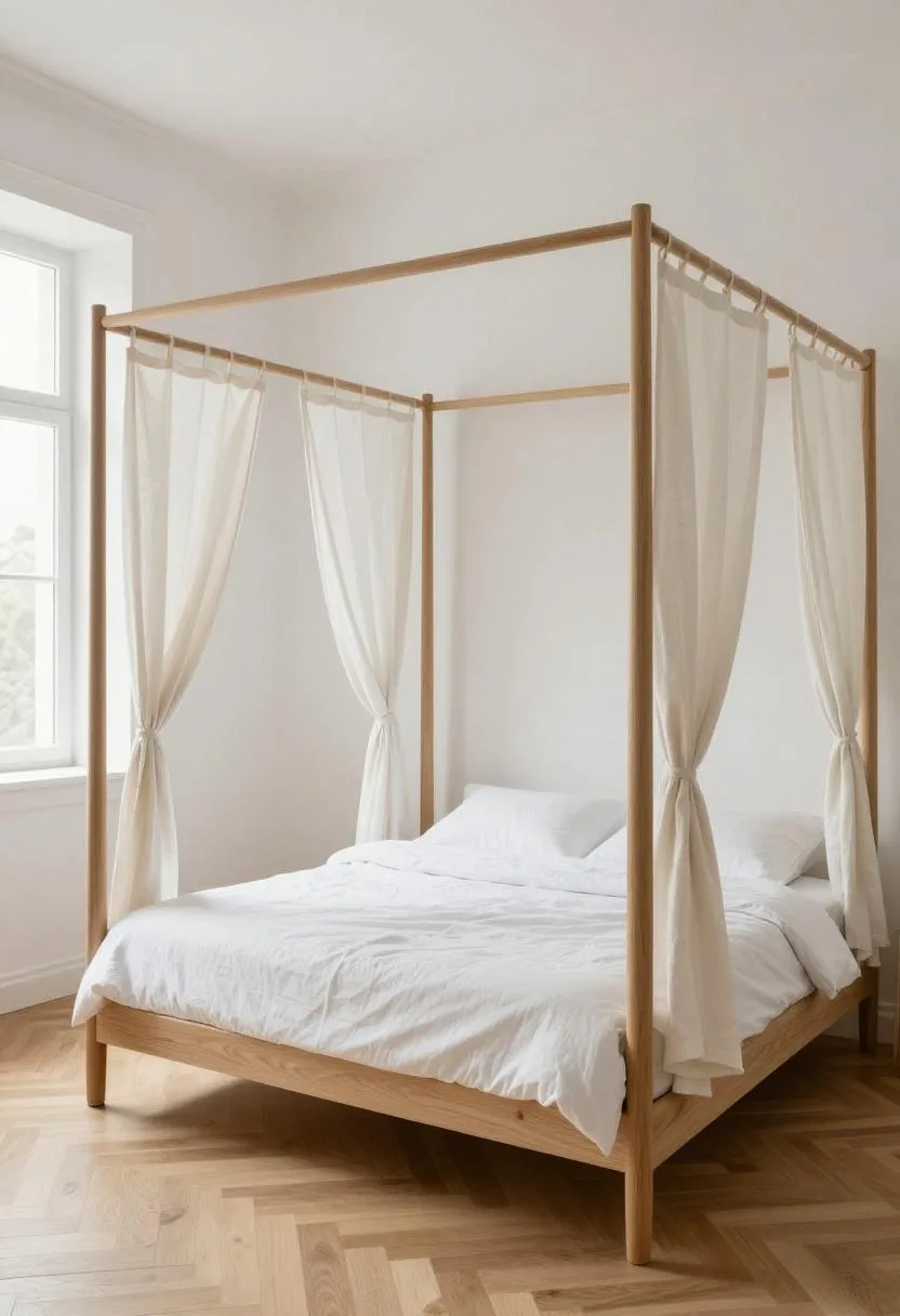 Natural oak canopy bed frame with flowing off-white cotton drapes in soft overcast light