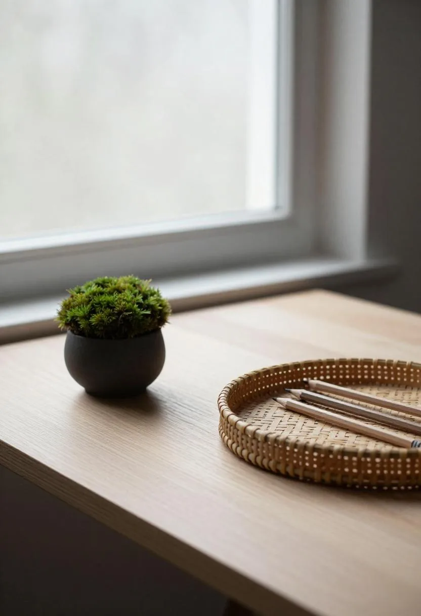 Oak desk with bamboo tray and moss plant under calm overcast light in a Japandi home office