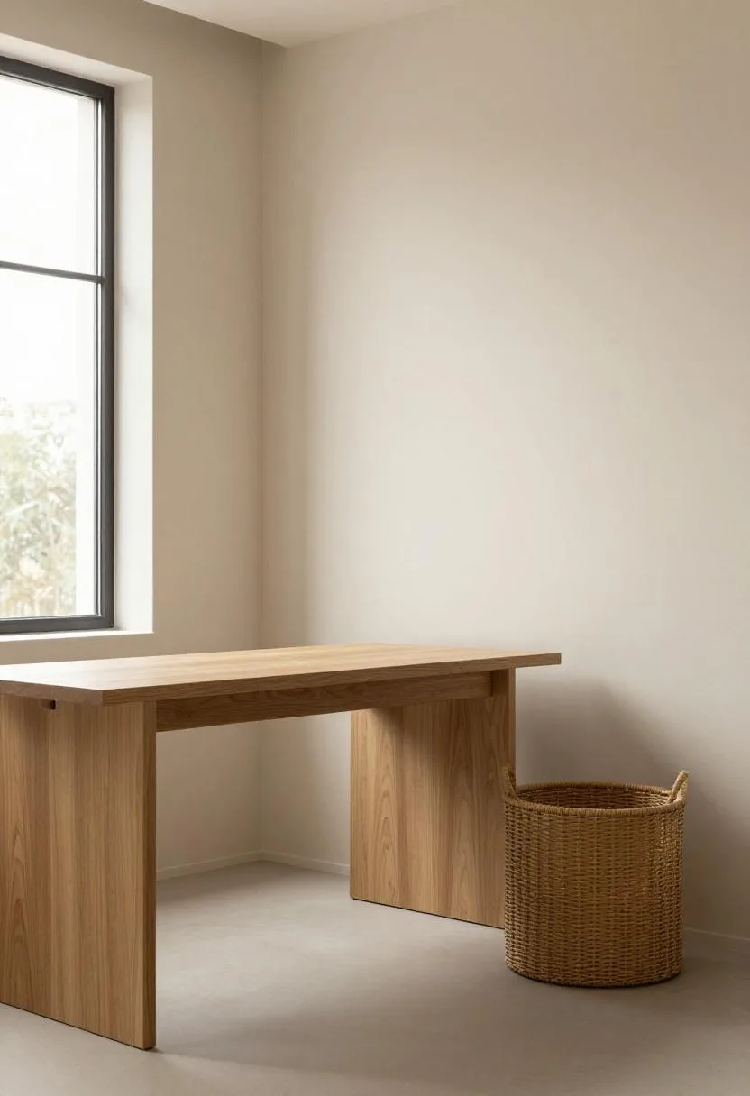 Oak desk with rattan basket tucked beneath in a cream-walled Japandi home office