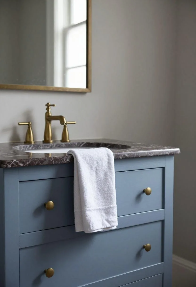 Thrifted oak dresser converted into a cool blue bathroom vanity with a chocolate marble top and brass faucet