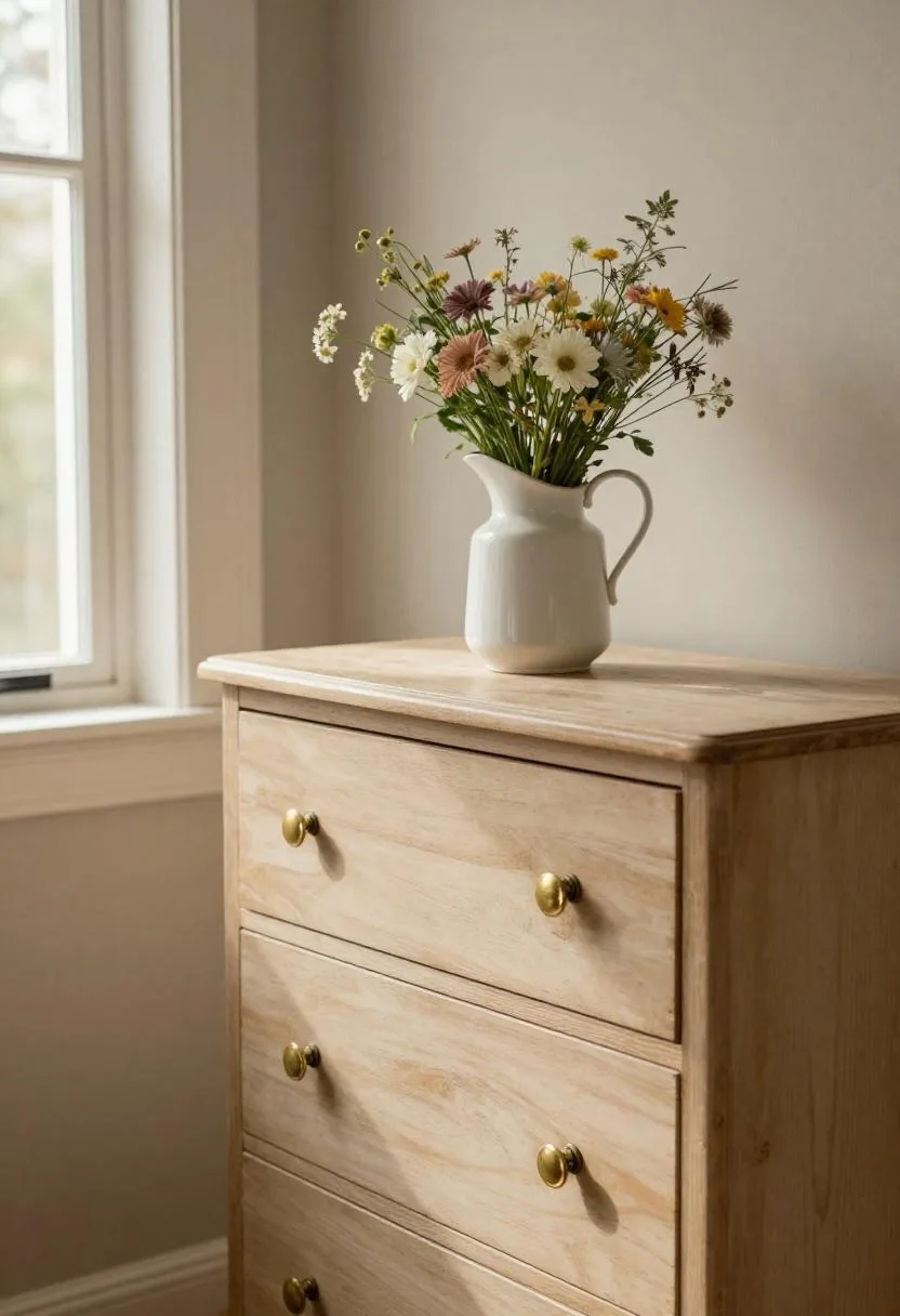 Thrifted oak dresser refinished in warm cream with polished brass pulls and a ceramic pitcher of garden flowers