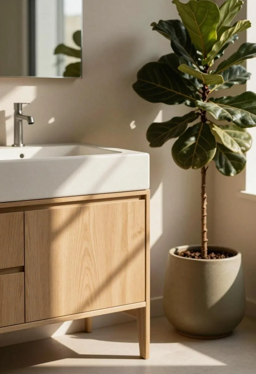 Oak floating vanity with a concrete sink and fiddle-leaf fig in an olive green ceramic pot in a bohemian bathroom