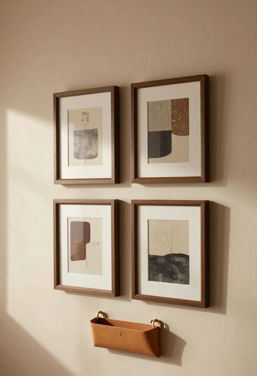 Oak-framed diamond gallery arrangement on plaster wall with leather accent