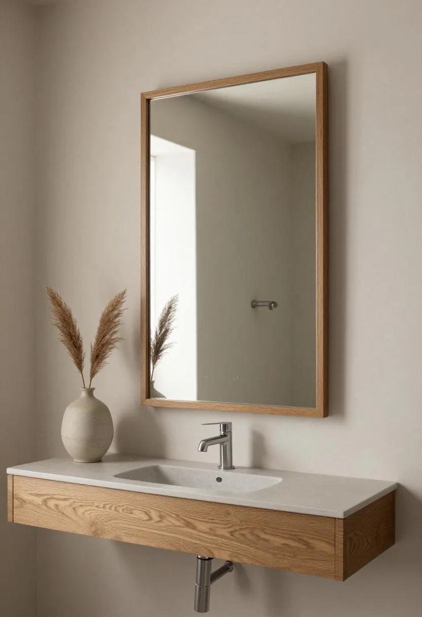 Round oak-framed mirror reflecting a minimal bathroom with a small ceramic vase and a single pampas stem