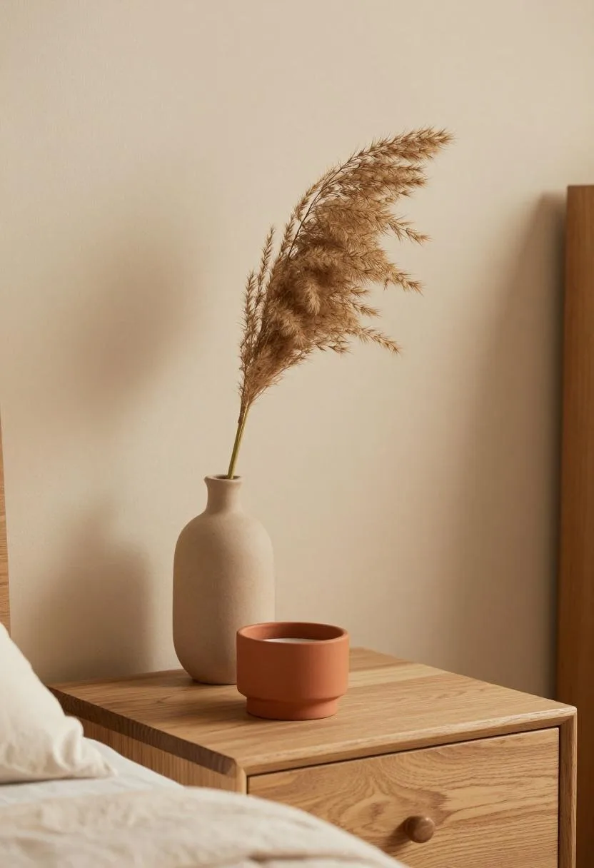 Oak nightstand with pampas grass and ceramic candle holder against a cream limewash accent wall in a soft bohemian bedroom