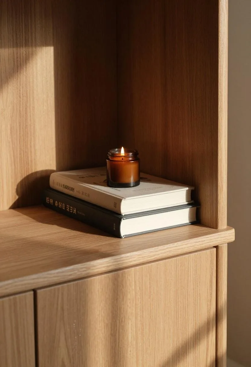 Oak nightstand vignette with stacked books and beeswax candle in morning light