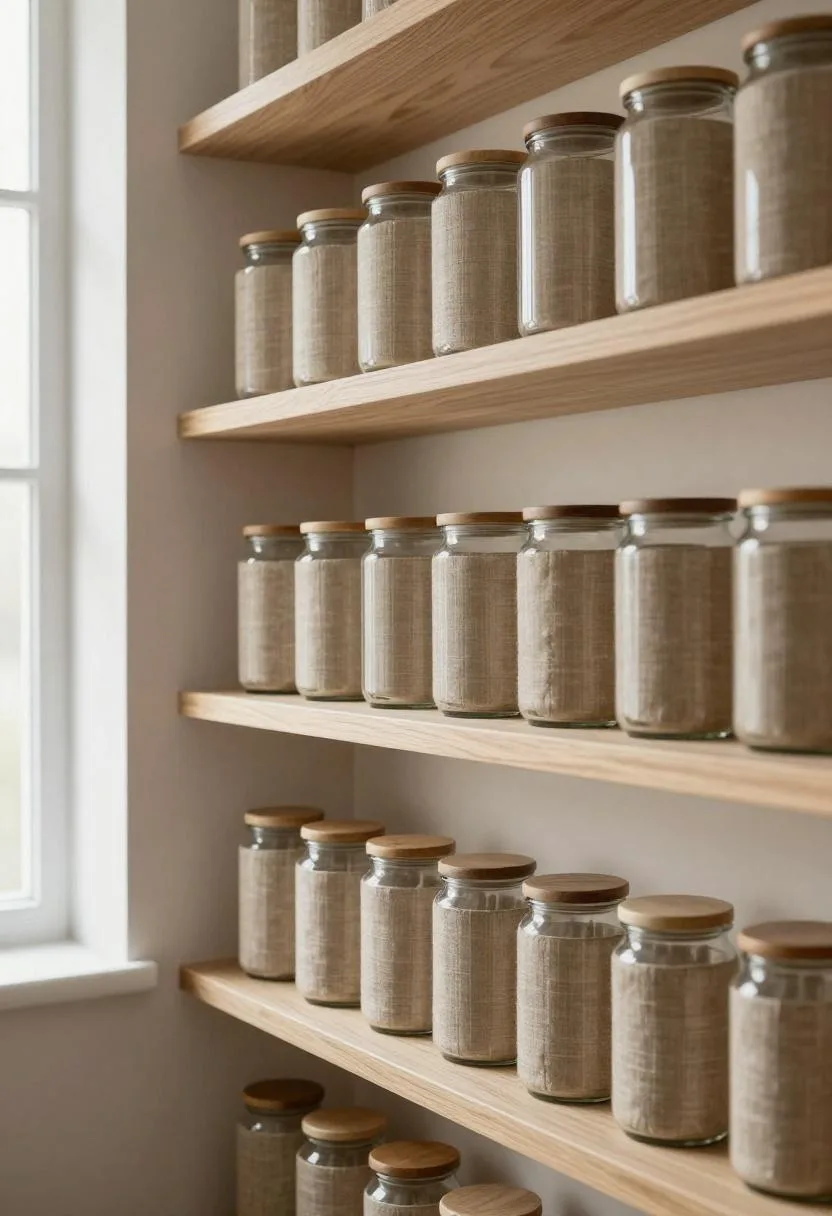 Oak pantry shelves with graduated tan linen-wrapped glass jars in soft side light
