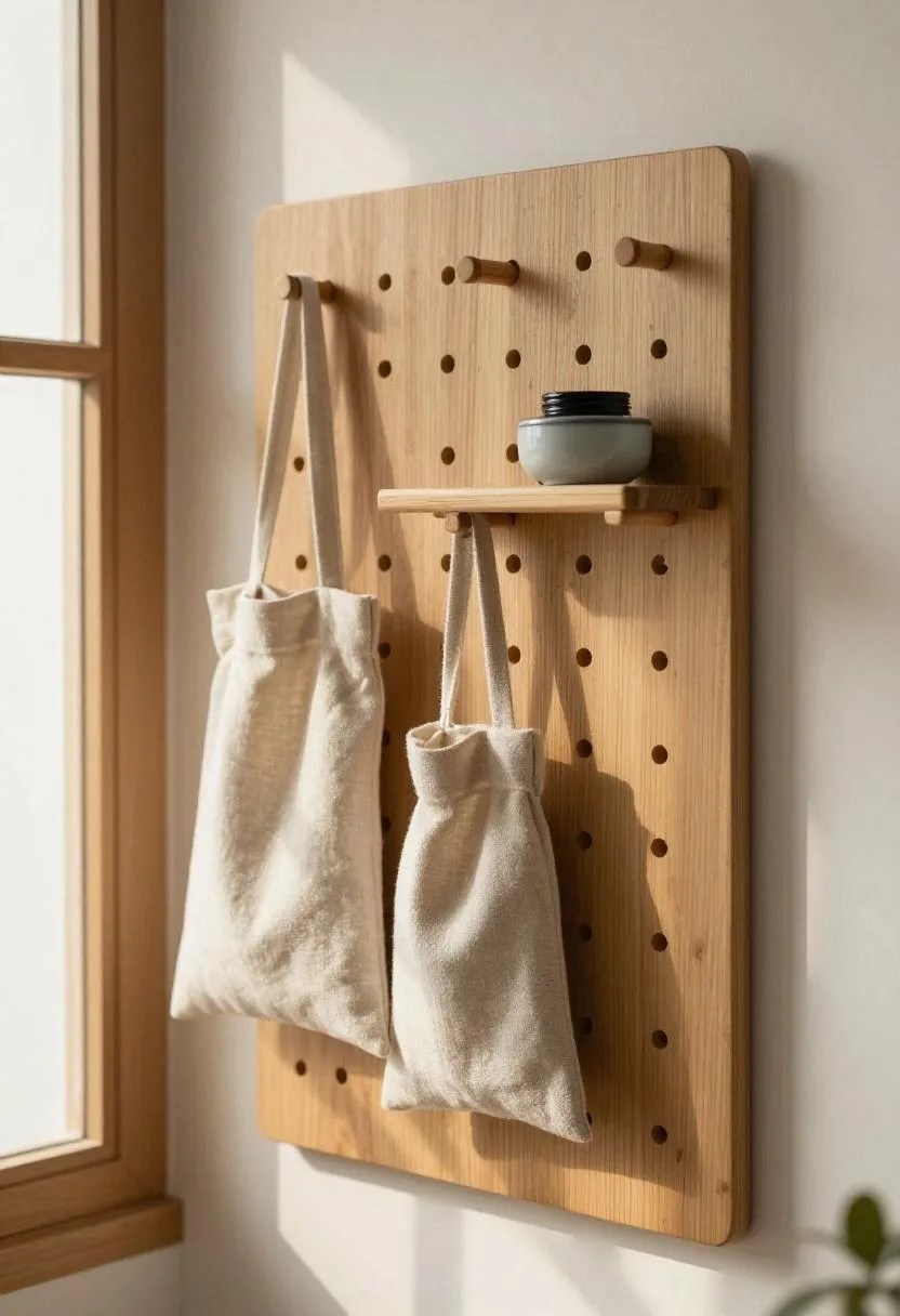 Oak pegboard with linen pouches and bamboo shelf in a Japandi office wall organization system