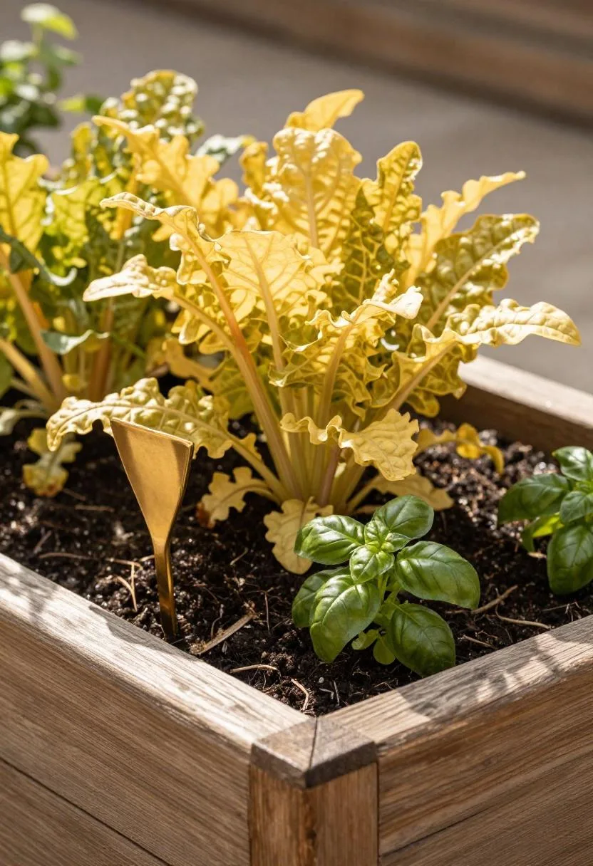 Oak raised bed corner planted with Swiss chard and brass plant marker in soft morning light