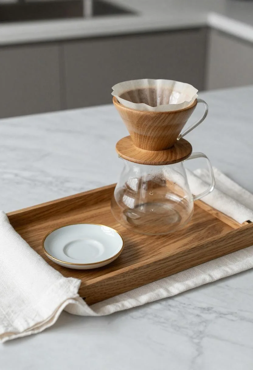 Oak tray with glass pour-over carafe and gold-rimmed saucer arranged on a marble kitchen counter