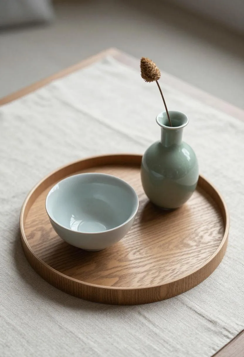 Oak tray with matcha bowl and sage bud vase on a linen desk mat, overhead view in Japandi office