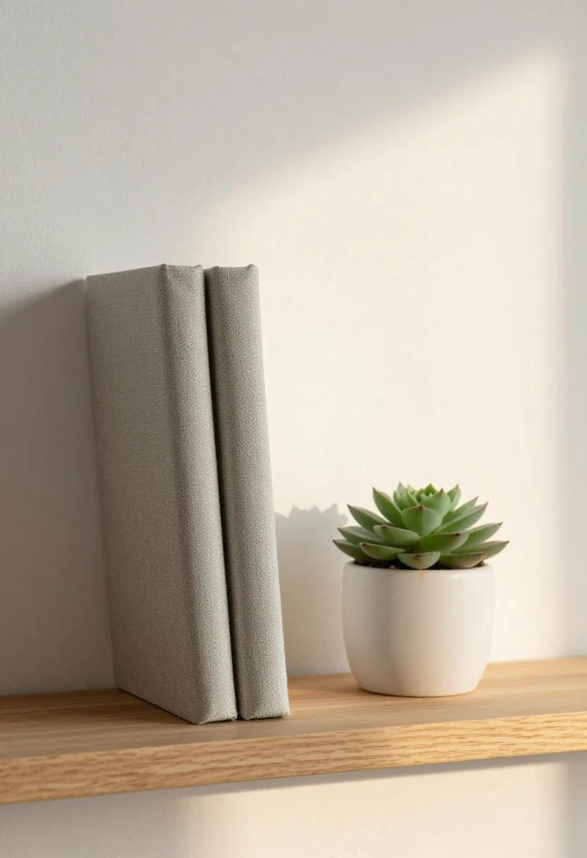 Oak wall shelf with sage gray notebooks lined up and a white ceramic succulent pot on the end