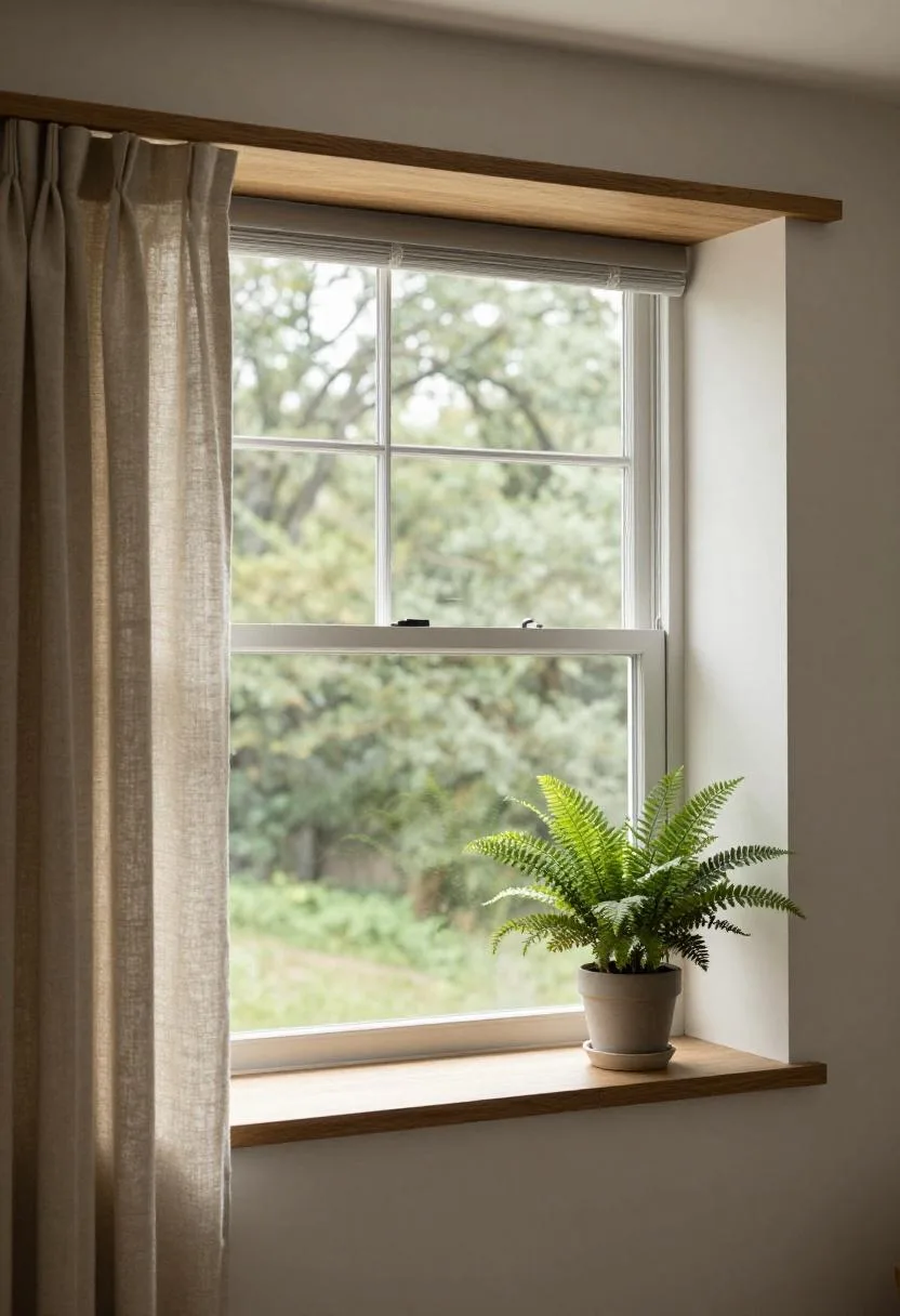Oak window sill with a potted forest green fern and flowing linen curtain in morning light