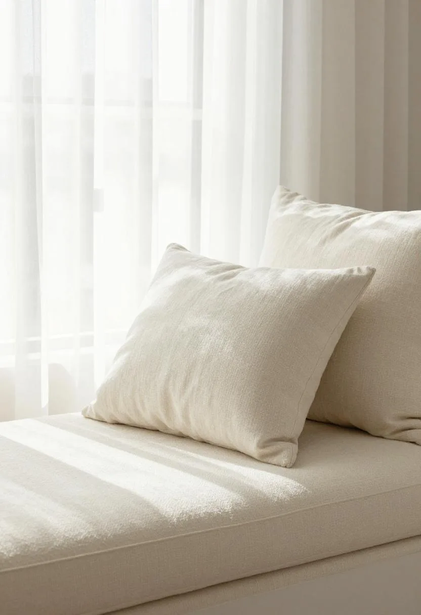 Off-white bouclé window seat with linen pillows in soft morning light