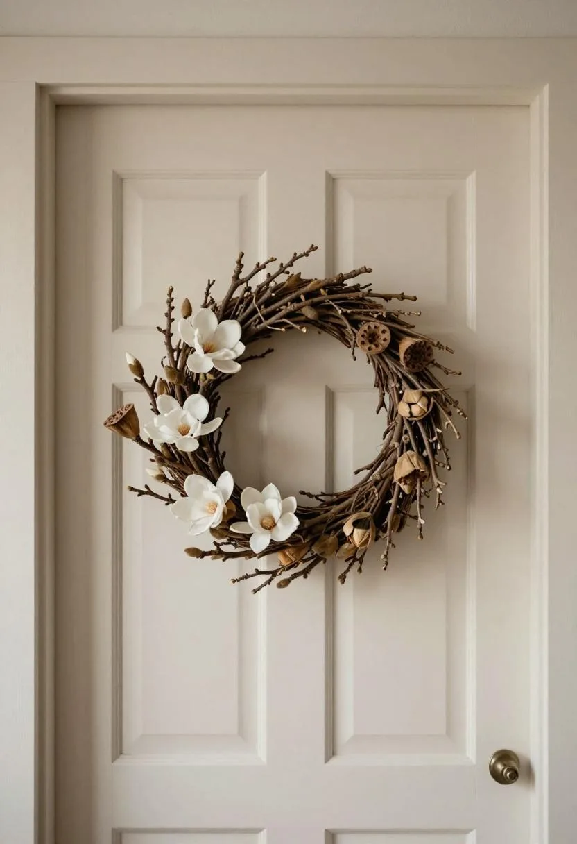 Off-white front door centered with a minimalist magnolia and lotus pod spring wreath