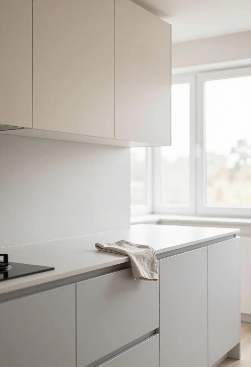 Off-white pine upper cabinets and soft gray lower cabinets keeping a Scandinavian two-tone kitchen clean and airy