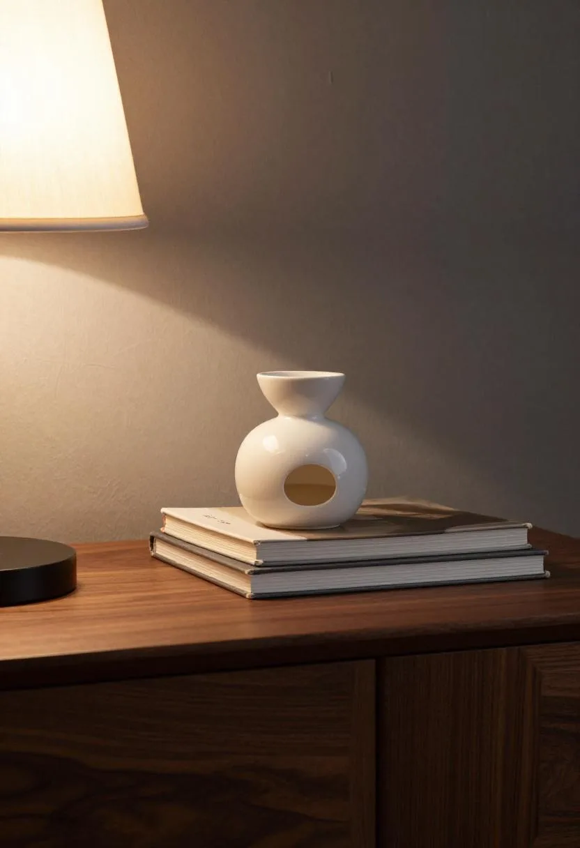 Oiled walnut nightstand with ceramic diffuser and books stacked in warm evening light