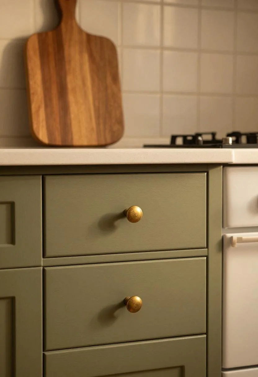Olive bronze drawer fronts with aged brass pulls and a walnut cutting board accent