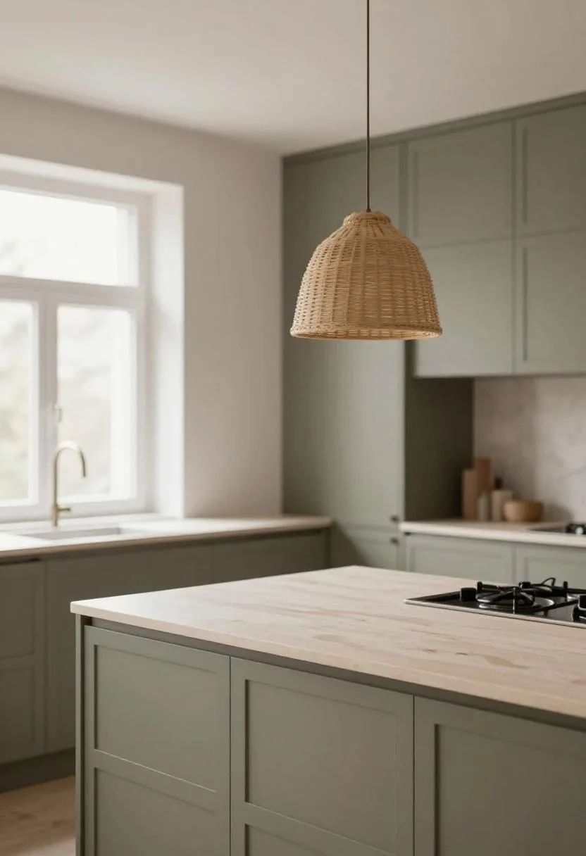 Olive bronze flat-panel Scandinavian cabinets with birch countertops and a rattan pendant