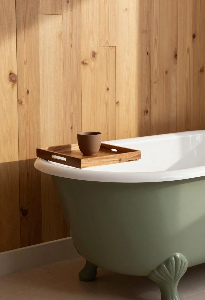 Olive-painted clawfoot tub standing beside a cedar accent wall with a walnut tray and clay cup in golden hour light