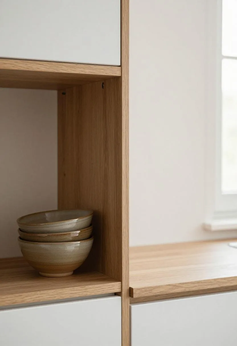 Open oak shelving displaying stacked earthenware bowls with intentional negative space between objects