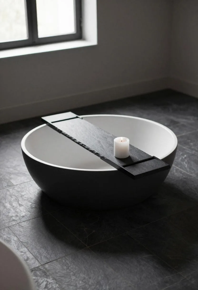 Overhead view of oval soaking tub on dark slate tile with a slate bath tray and white candle