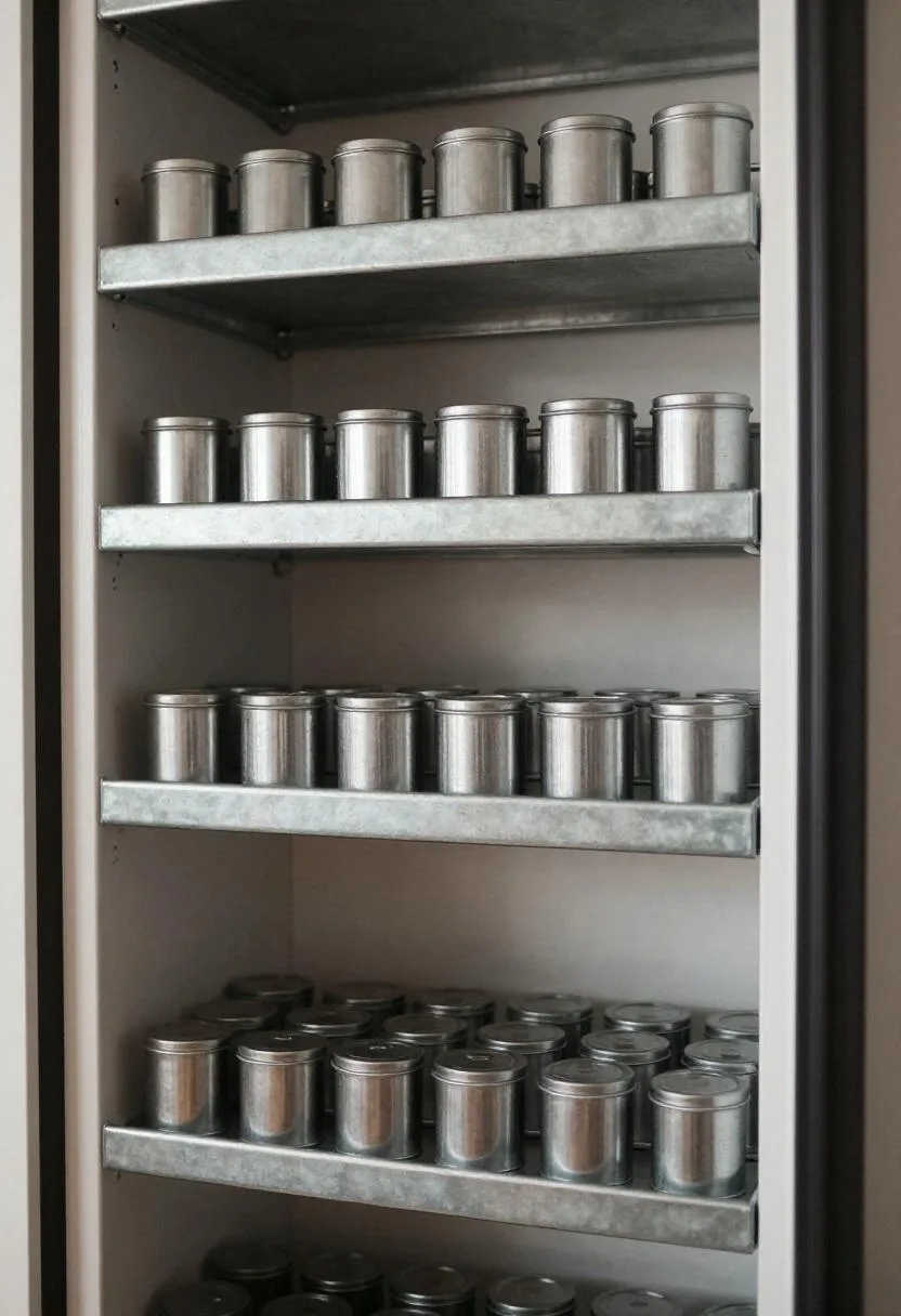 Over-the-door tiered steel racks holding uniform spice tins for maximum vertical pantry space use