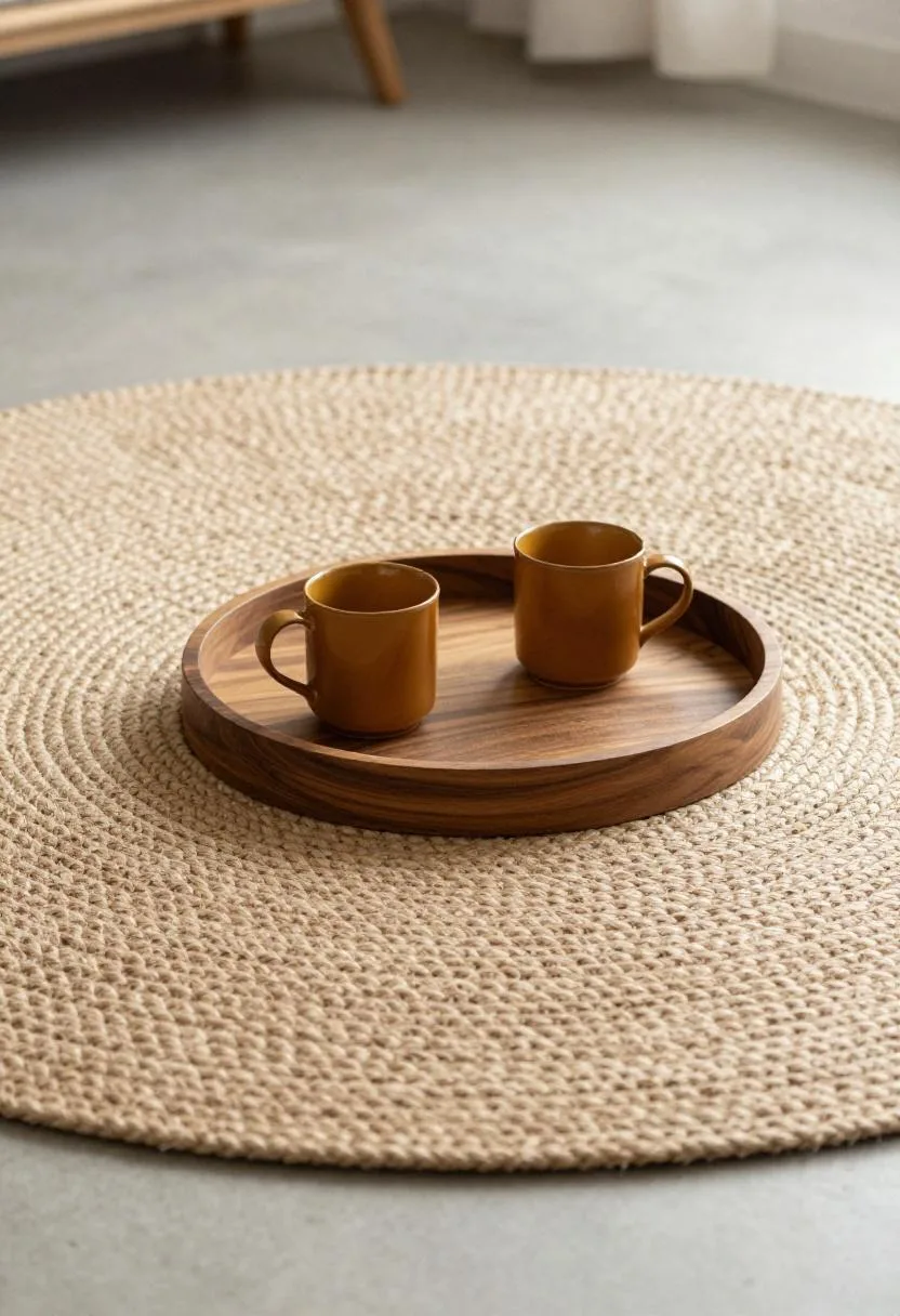 Overhead view of a wooden acacia tray with amber ceramic mugs arranged on a round natural jute rug
