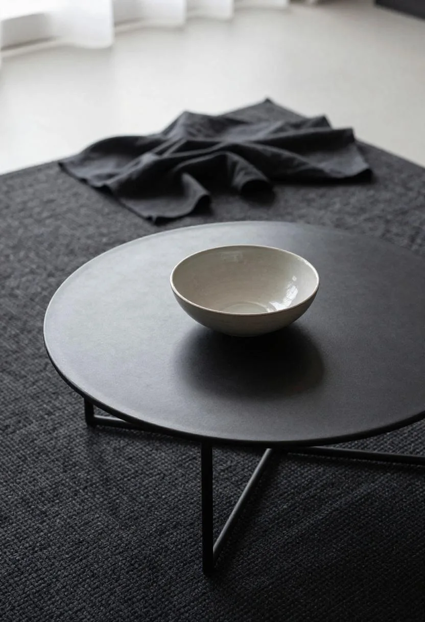 Overhead view of black steel coffee table on jute rug with ceramic bowl