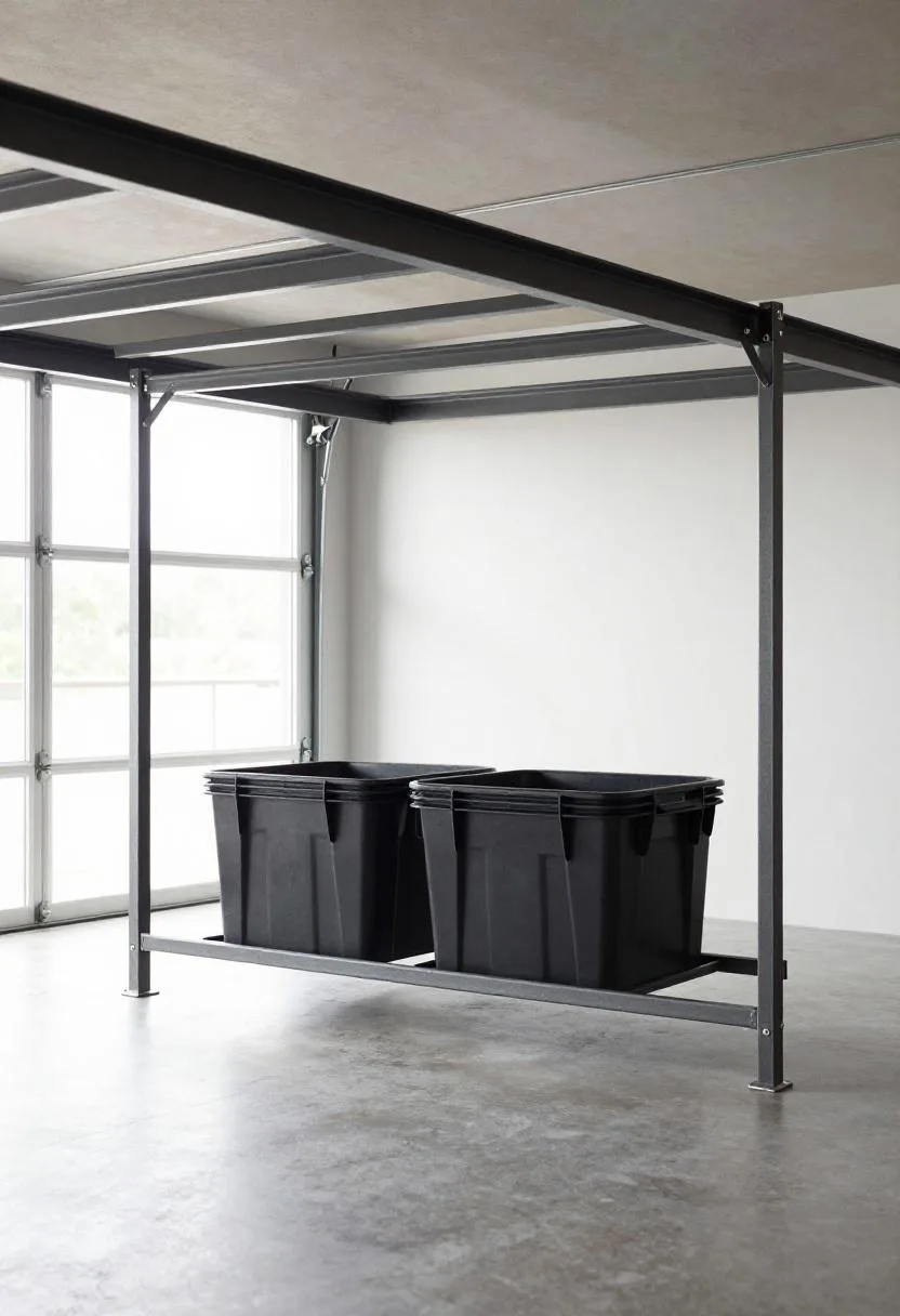 Overhead ceiling storage rack maximizing vertical garage space with clear floor access below