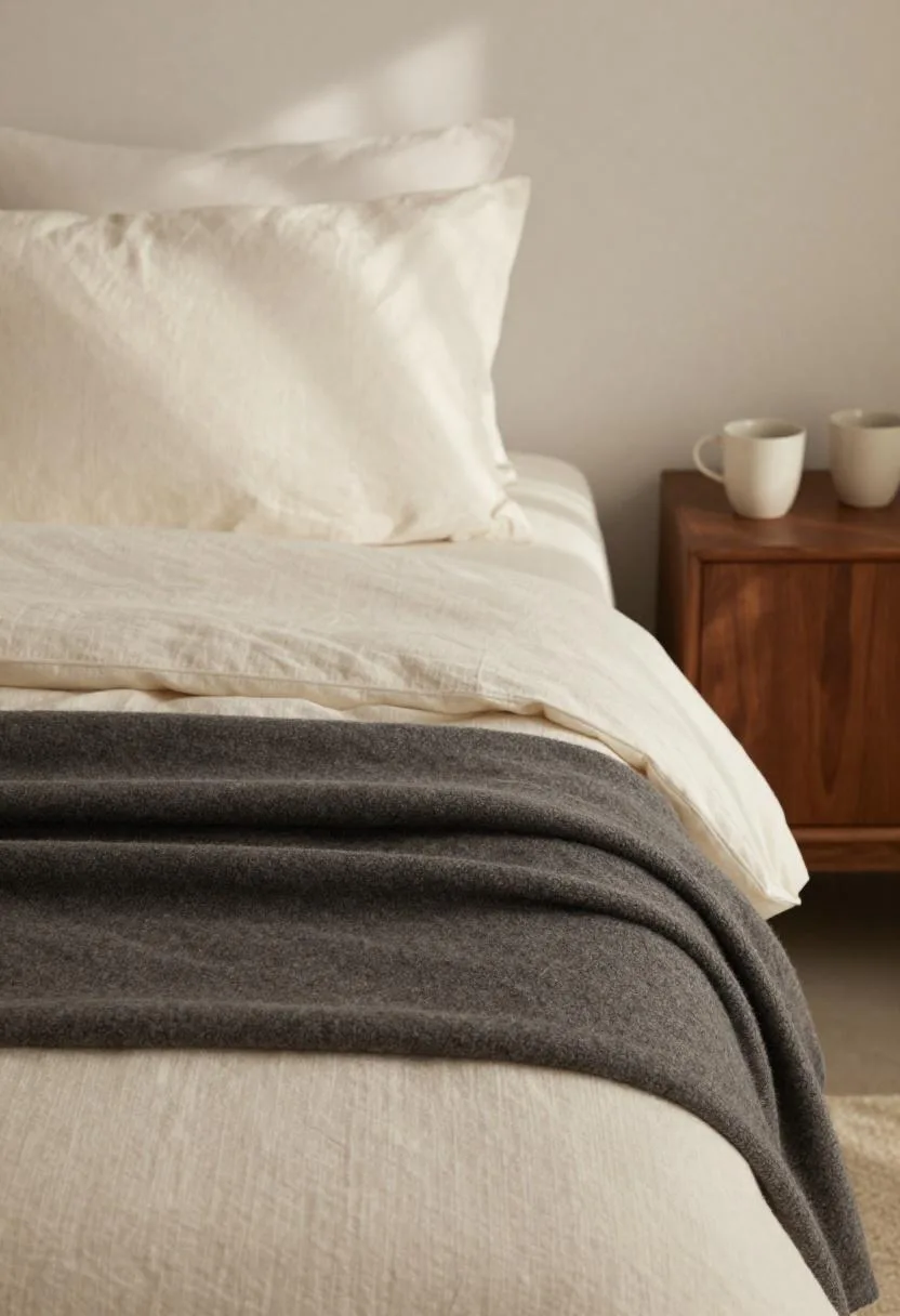 Overhead view of cream linen bed with matching ceramic cups on white oak nightstand, Japandi aesthetic