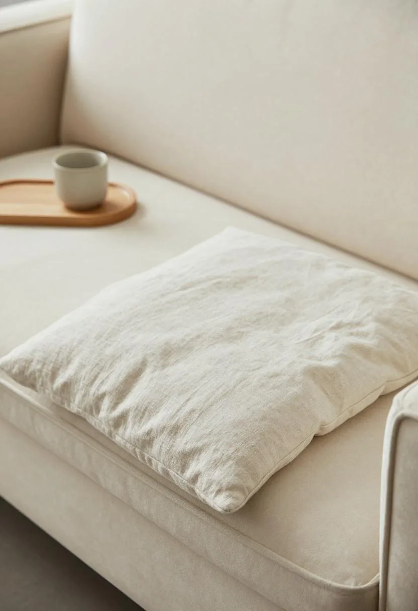 Overhead view of cream velvet sofa with a gathered linen throw and ceramic cup on oak tray
