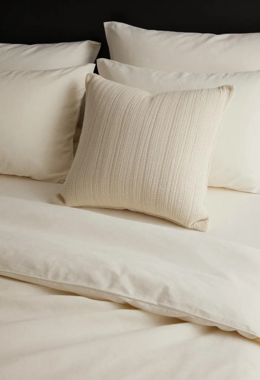Overhead view of layered cream percale sheets with a chunky knit wool pillow