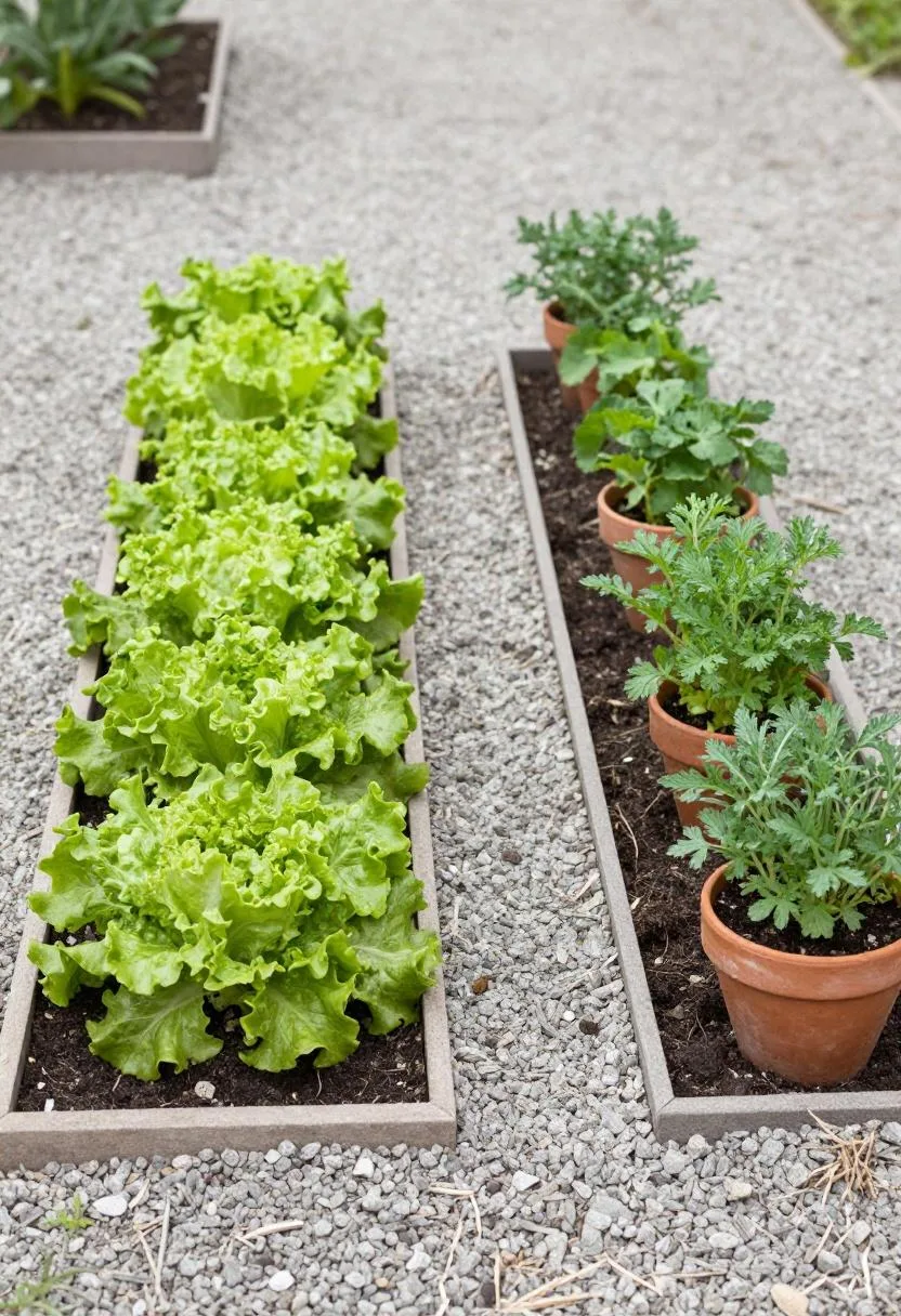 Overhead view of parallel pine raised beds with lettuce rows and herb pots on a gravel path between them