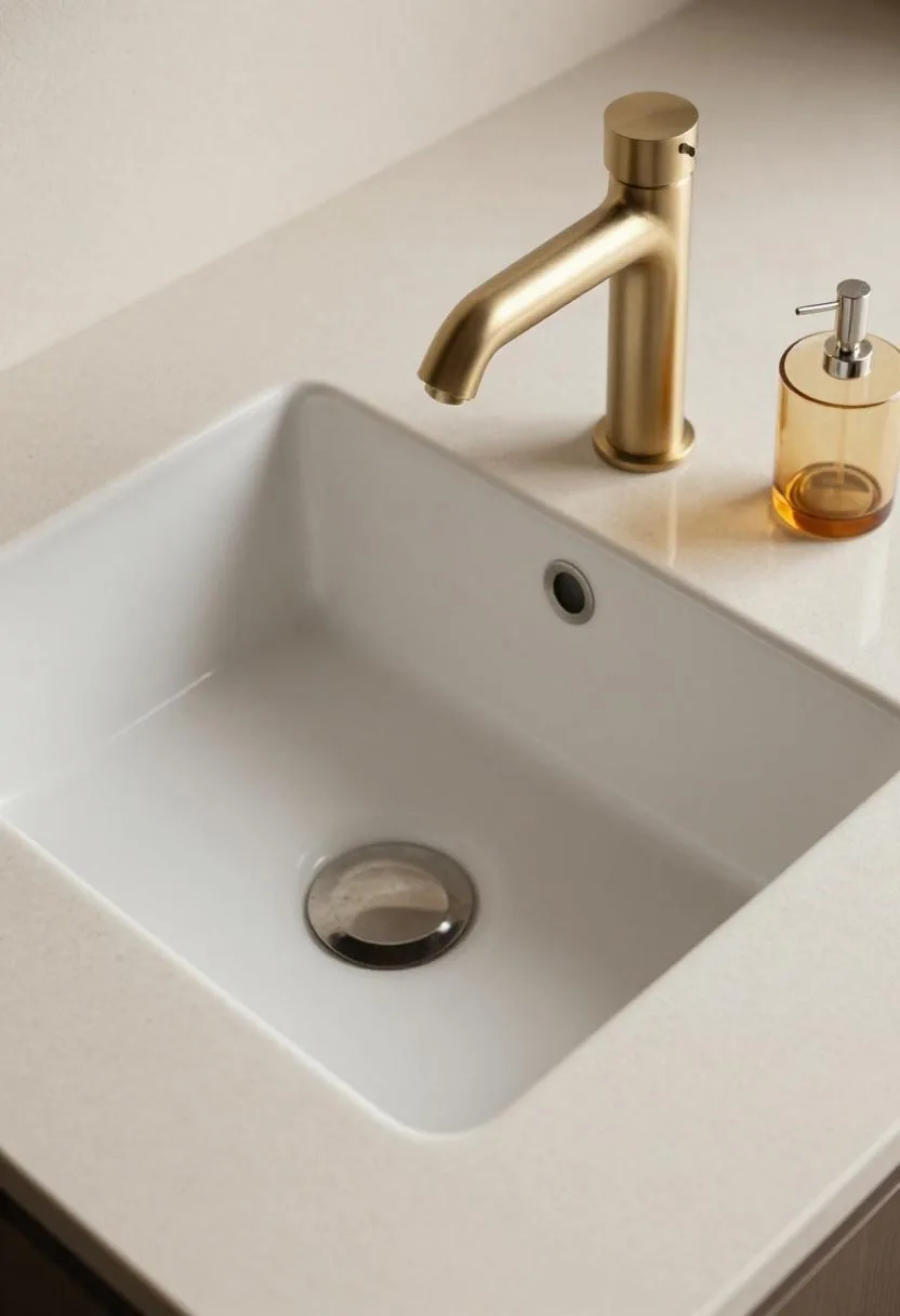 Overhead view of porcelain sink with gold faucet and amber soap dispenser on limestone counter