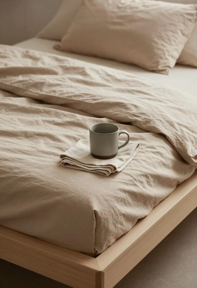 Overhead view of warm taupe cotton bedding with ceramic mug on a low platform bed