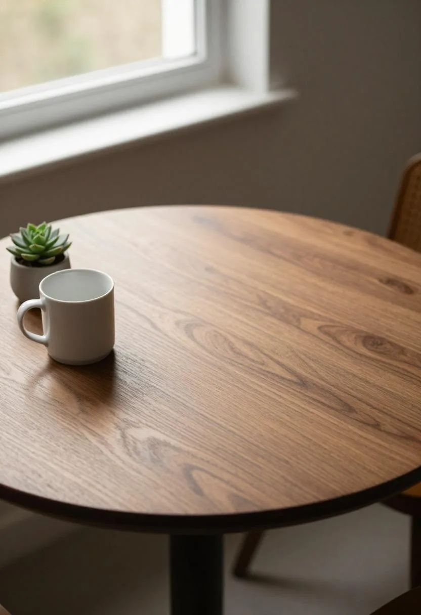 Overhead view of walnut round table in bay window breakfast nook with mug and succulent