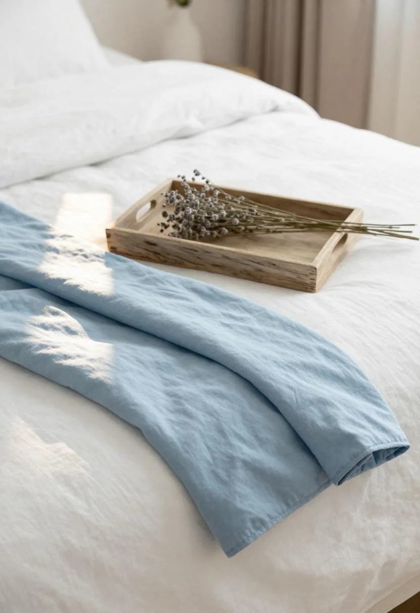 Overhead view of white linen bed with blue cotton quilt and driftwood tray detail in soft light