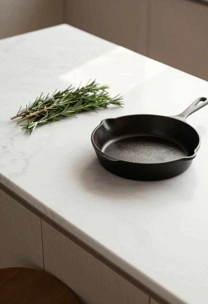 Overhead view of a white marble-look kitchen island with a cast-iron skillet and fresh rosemary sprigs